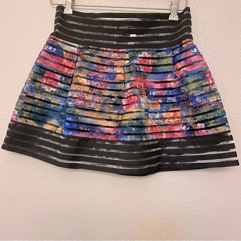Touch me puff high waisted floral watercolor sheer formal mini skirt NYE  L